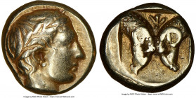 LESBOS. Mytilene. Ca. 454-427 BC. EL sixth-stater or hecte (11mm, 2.56 gm, 5h). NGC XF 5/5 - 4/5. Laureate head of Apollo right / Two ram heads confro...