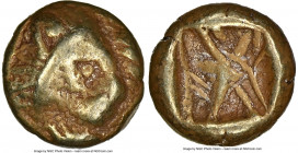 IONIA. Miletus. Ca. 600-550 BC. EL 1/12 stater or hemihecte (8mm, 1.12 gm). NGC VF 5/5 - 4/5. Milesian standard. Forepart of lion right with extended ...
