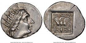 CARIAN ISLANDS. Rhodes. Ca. 88-84 BC. AR drachm (17mm, 11h). NGC Choice AU. 'Plinthophoric' coinage, Menodorus, magistrate. Radiate head of Helios rig...
