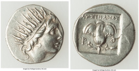 CARIAN ISLANDS. Rhodes. Ca. 88-84 BC. AR drachm (16mm, 2.64 gm, 11h). Choice XF. Plinthophoric standard, Lysimachus, magistrate. Radiate head of Helio...