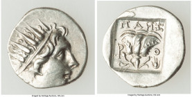 CARIAN ISLANDS. Rhodes. Ca. 88-84 BC. AR drachm (15mm, 1.83 gm, 11h). Choice XF. Plinthophoric standard, Maes, magistrate. Radiate head of Helios righ...