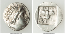 CARIAN ISLANDS. Rhodes. Ca. 88-84 BC. AR drachm (15mm, 1.80 gm, 12h). Choice VF. Plinthophoric standard, Nicephorus, magistrate. Radiate head of Helio...