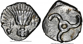 LYCIAN DYNASTS. Pericles (ca. 390-360 BC). AR third-stater (16mm, 2.84 gm, 6h). NGC AU 4/5 - 4/5. Uncertain mint. Lion scalp facing / Π↑P-EK-Λ↑ (Peric...