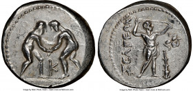 PISIDIA. Selge. Ca. 325-250 BC. AR stater (24mm, 12h). NGC XF, brushed. Two wrestlers grappling, K between / ΣΕΛΓΕΩΝ, slinger striding to right, pulli...