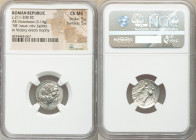 Anonymous. Ca. 211-208 BC. AR victoriatus (18mm, 3.14 gm, 1h). NGC Choice MS 5/5 - 5/5. Laureate head of Jupiter right; dotted border / ROMA, Victory ...