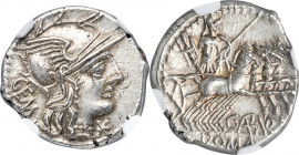 C. Aburius Geminus (ca. 134 BC). AR denarius (19mm, 3.94 gm, 5h). NGC Choice MS 5/5 - 5/5. Rome. GEM, head of Roma right, wearing winged helmet decora...