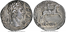 Augustus (27 BC-AD 14). AR denarius (19mm, 3.66 gm, 1h). NGC AU 4/5 - 2/5. Lugdunum, 8 BC. DIVI•F-AVGVSTVS, laureate head of Augustus right / C•CAES /...