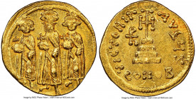 Heraclius (AD 610-641), with Heraclius Constantine and Heraclonas. AV solidus (19mm, 4.49 gm, 7h). NGC Choice AU 5/5 - 4/5. Constantinople, 7th offici...