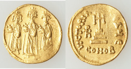 Heraclius (AD 610-641), with Heraclius Constantine and Heraclonas. AV solidus (19mm, 4.34 gm, 7h). Choice VF, graffiti. Constantinople, 5th officina, ...