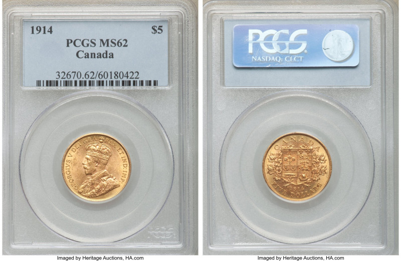 George V gold 5 Dollars 1914 MS62 PCGS, Ottawa mint, KM26.

HID09801242017

...