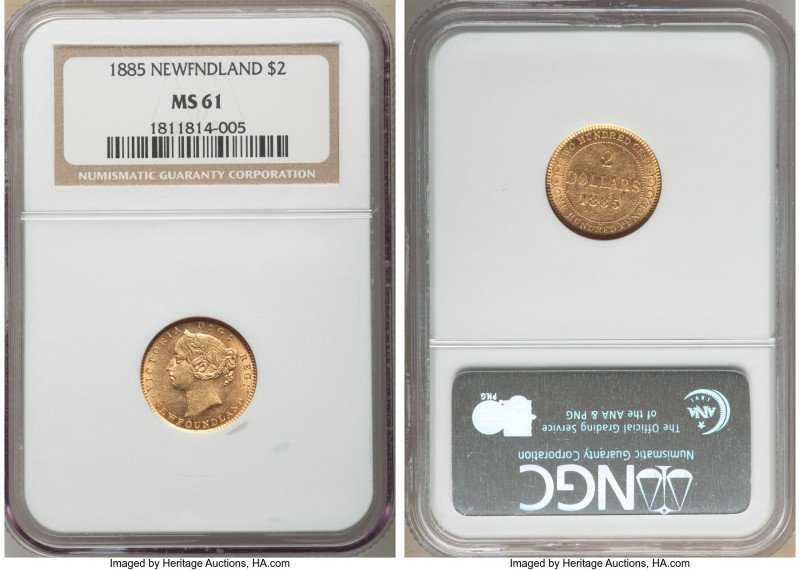 Newfoundland. Victoria gold 2 Dollars 1885 MS61 NGC, London mint, KM5 Blush tone...