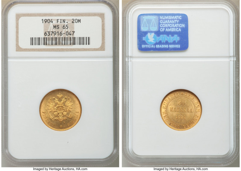 Russian Duchy. Nicholas II gold 20 Markkaa 1904-L MS65 NGC, Helsinki mint, KM9.2...