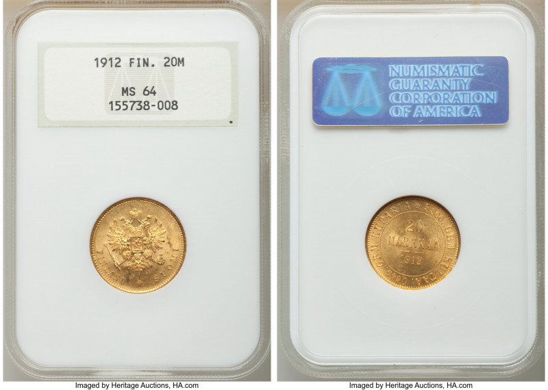 Russian Duchy. Nicholas II gold 20 Markkaa 1912-S MS64 NGC, Helsinki mint, KM9.2...