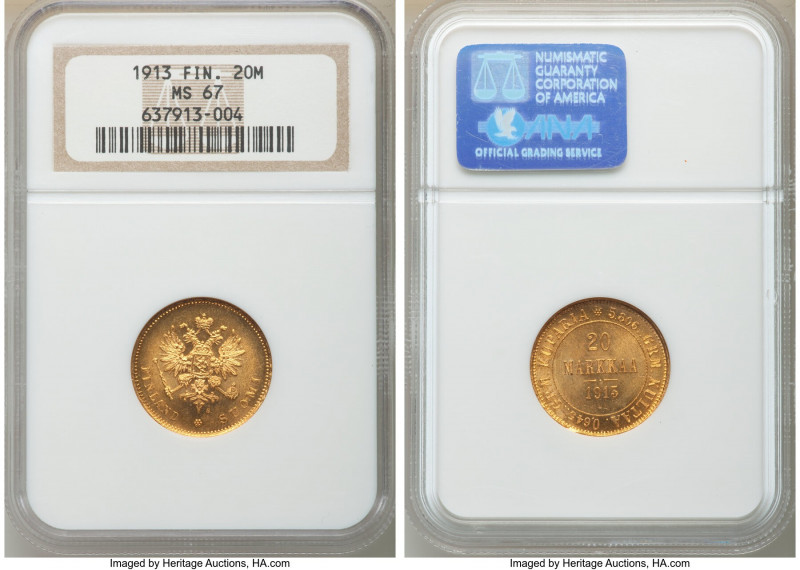 Russian Duchy. Nicholas II gold 20 Markkaa 1913-S MS67 NGC, Helsinki mint, KM9.2...
