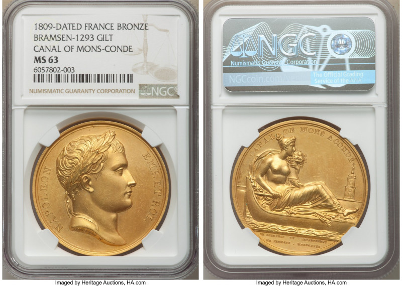 Napoleon gilt-bronze "Canal de Mons a Conde" Medal 1813-Dated MS63 NGC, Bram-129...