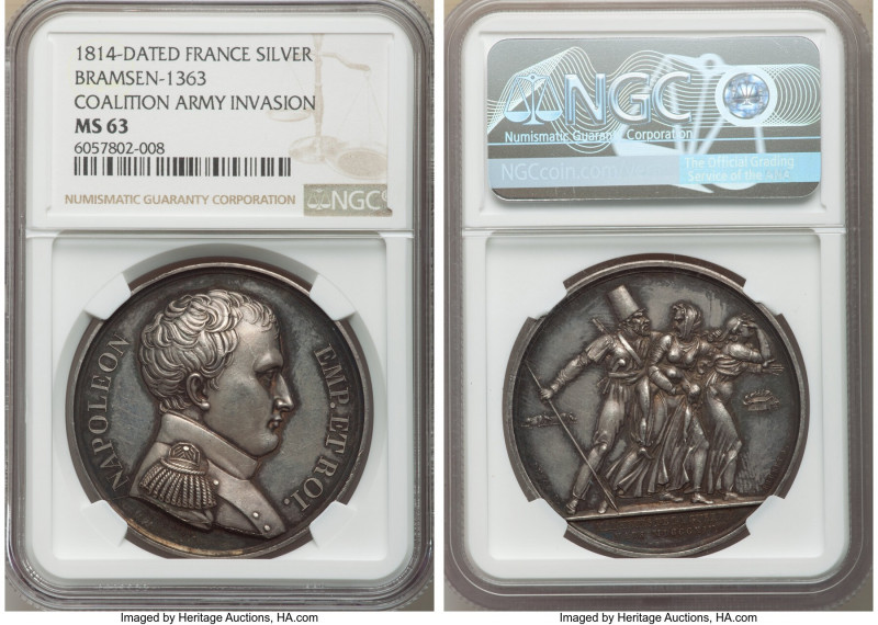 Napoleon silver "Invasion of France" Medal 1814-Dated MS63 NGC, Bram-1363. 41mm....