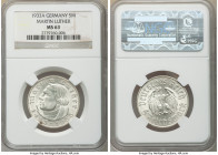 Third Reich "Martin Luther" 5 Mark 1933-A MS63 NGC, Berlin mint, KM80. 450th anniversary of the birth of Martin Luther. 

HID09801242017

© 2020 H...