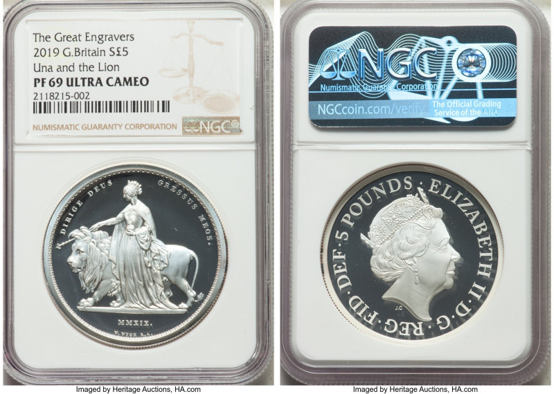 Elizabeth II silver Proof "Una and the Lion" 5 Pounds (2 oz) 2019 PR69 Ultra Cam...