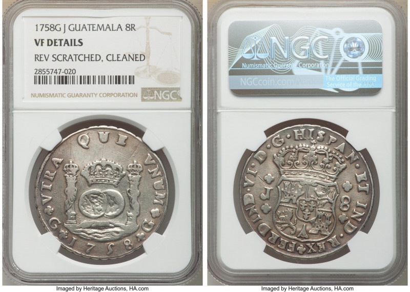 Ferdinand VI 8 Reales 1758 G-J VF Details (Reverse Scratched, Cleaned) NGC, Nuev...