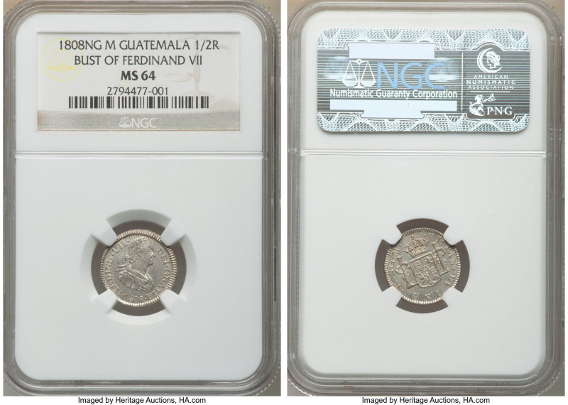 Ferdinand VII 1/2 Real 1808 NG-M MS64 NGC, Nueva Guatemala mint, KM60. Dove-gray...