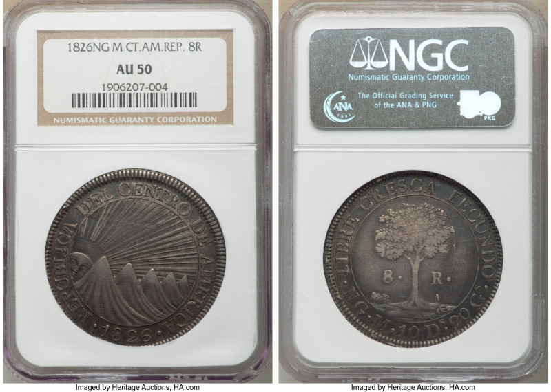 Central American Republic 8 Reales 1826 NG-M AU50 NGC, Nueva Guatemala mint, KM4...