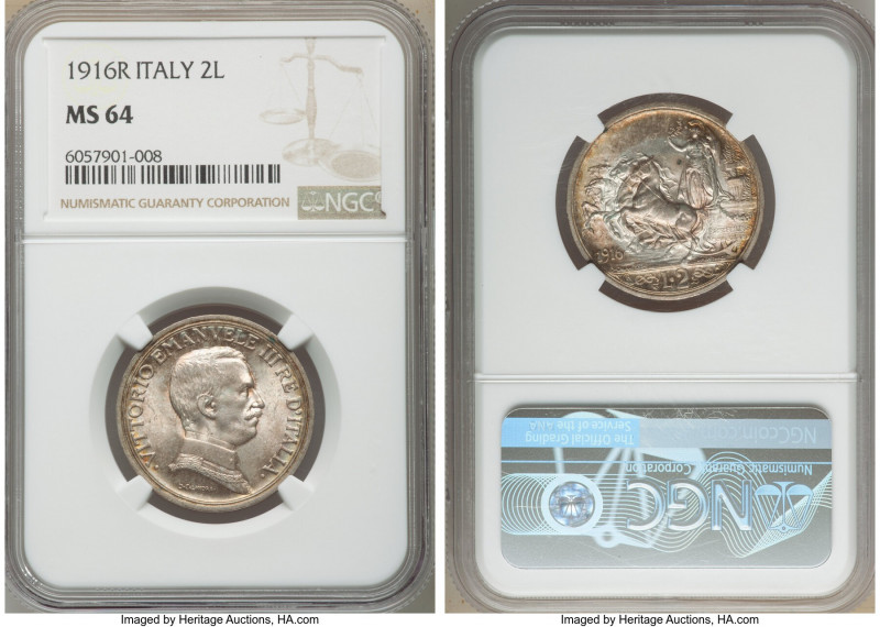 Vittorio Emanuele III 2 Lire 1916-R MS64 NGC, Rome mint, KM55. Multi-colored pas...