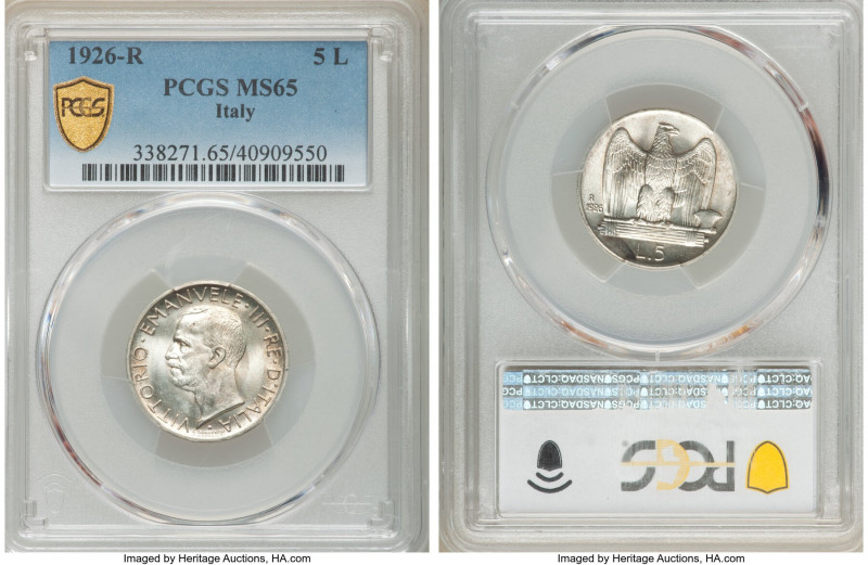Vittorio Emanuele III 5 Lire 1926-R MS65 PCGS, Rome mint, KM57.1. 

HID0980124...