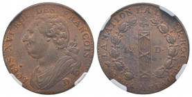 France. Constitution 1791-1792
12 deniers, Lyon, 1792 D mdc, AE 11.53 g.
Ref : G.15
Conservation : NGC MS 63 RB