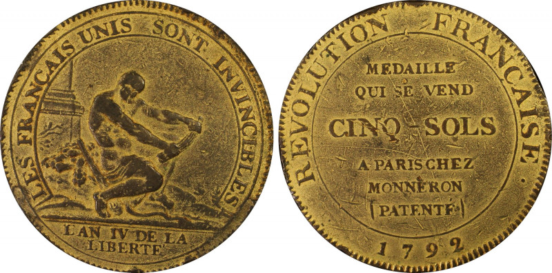 France. Constitution, Monneron de cinq sols à l'Hercule, Birmingham, 1792, AE, 2...