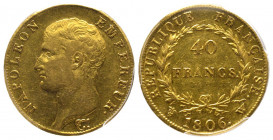 France. Premier Empire 1804-1814
40 Francs, Lille, 1806 W, AU 12.9 g.
Ref : G.1082, Fr. 483 Conservation : PCGS XF45
Quantité : 4336 exemplaires. Rare...