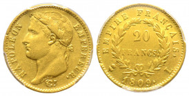 France. Premier Empire 1804-1814
20 Francs, Bayonne, 1809 L, AU 6.45 g. fleur verticale Ref : G.1025, Fr. 516 
Conservation : PCGS XF45
Quantité : 238...