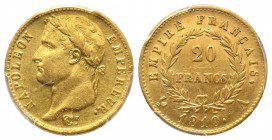 France. Premier Empire 1804-1814
20 Francs, Paris, 1810 A, petit coq, AU 6.45 g.
Ref : G.1025, Fr. 516
Conservation : PCGS AU 53