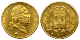 France. Louis XVIII 1815-1824
40 Francs, Paris 1817 A, AU 12.9 g.
Ref : G.1092, Fr.533
Conservation : PCGS AU 58