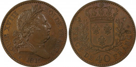 France. Louis XVIII, Essai de 40 Francs, Paris, 1815 A, AE 7.5 g.
Ref : Maz. 718b (R1)
Conservation : PCGS SP 64 BN