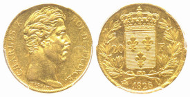 France. Charles X 1824-1830
20 Francs, Perpignan, 1826 Q, AU 6.45 g.
Ref : G.1029, Fr. 547 
Conservation : PCGS AU55. Deuxième plus haut grade. Quanti...