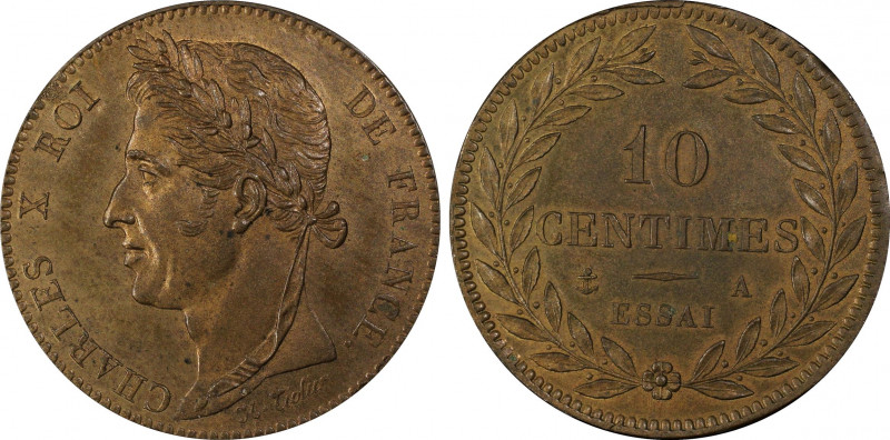 France. Charles X, Essai en bronze de 10 centimes, Paris, 1824-30, ND, Cu, 15.1g...