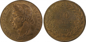 France. Charles X, Essai en bronze de 10 centimes, Paris, 1824-30, ND, Cu, 15.1g.
Ref : Gadoury (1989) 201, Maz. 895
Conservation : PCGS SP 64 BN