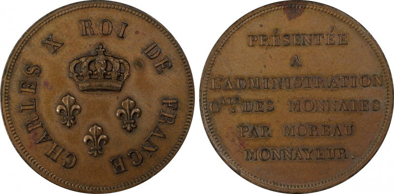 France. Charles X, Essai au module de 2 Francs par Moreau, 1824, AE, 8.3 g.
Ref ...