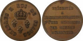 France. Charles X, Essai au module de 2 Francs par Moreau, 1824, AE, 8.3 g.
Ref : Maz.899a (R1)
Conservation : PCGS SP 63BN