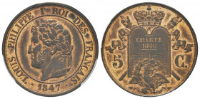 France. Louis Philippe Ier, Essai de 5 centimes à la charte de 1830 de Barre, Paris, 1847, AE, 4.81 g.
Ref : Gadoury (1989) 148, Maz.1101 (R2)
Conserv...