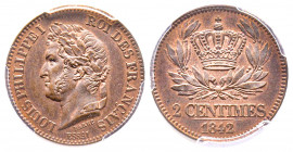 France. Louis Philippe Ier, Essai de deux centimes, Paris, 1842, AE
Ref : Maz.1116
Conservation : PCGS SP 63 RB. Rare