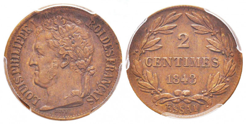 France. Louis Philippe Ier, Essai de 2 centimes par Bovy , Paris, 1843, Cu, 2.6 ...