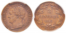 France. Louis Philippe Ier, Essai de 2 centimes par Bovy , Paris, 1843, Cu, 2.6 g.
Ref : Gadoury (1989) 98, Maz.1120 (R2)
Conservation : PCGS SP 58. R...