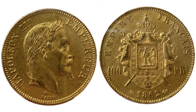 France. Second Empire 1852-1870
100 Francs, Strasbourg, 1862 BB, AU 32.25 g.
Ref...