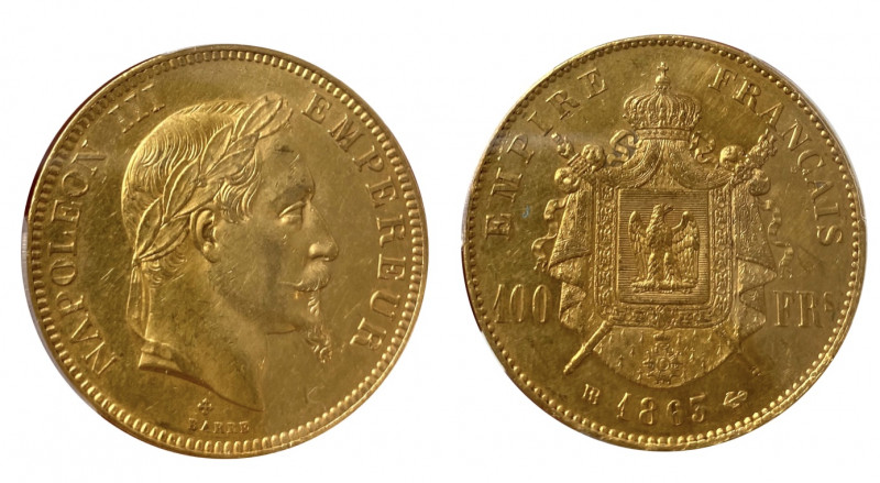 France. Second Empire 1852-1870
100 Francs, Strasbourg, 1863 BB, AU 32.25 g.
Ref...