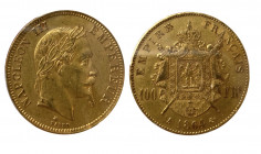 France. Second Empire 1852-1870
100 Francs, Paris, 1864, AU 32.25 g.
Ref : G.1136, Fr. 580
Conservation : PCGS AU 58
Quantité : 5536 exemplaies