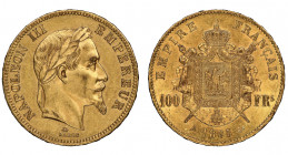 France. Second Empire 1852-1870
100 Francs, Paris, 1865, AU 32.25 g.
Ref : G.1136, Fr. 580
Conservation : NGC AU 58
Quantité : 1517 exemplaies. Rare