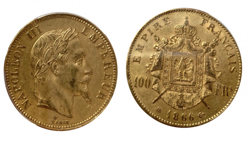 France. Second Empire 1852-1870
100 Francs, Strasbourg, 1866 BB, AU 32.25 g.
Ref...