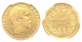 France. Second Empire 1852-1870
10 Francs, Paris, 1854 A, tranche cannelée, AU 3.22 g. 
Ref : G.1013, Fr. 576 
Conservation : PCGS XF 40