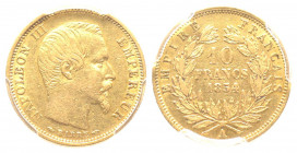 France. Second Empire 1852-1870
10 Francs, Paris, 1854 A, tranche lisse - grand A, AU 1.61 g. Ref : G.1013, Fr. 578
Conservation : PCGS AU 53